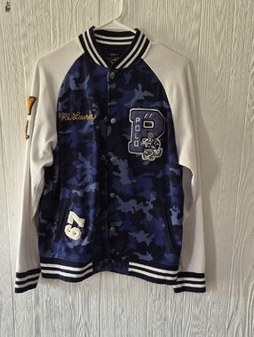 Ralph Lauren Blue Camo Varsity Jacket with White Sleeves